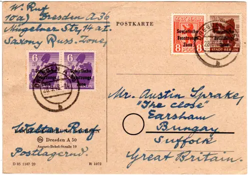 SBZ 1848, 8+10+2x6 Pf. Bären auf portorichtiger Auslands-Karte v. Dresden n. GB