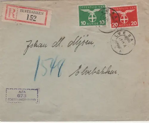 Norwegen 1944, 10+20 öre Dienst auf Orts-Einschreiben Brief v. Elvebakken Alta