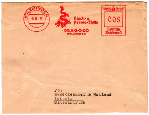 DR 1938, 8 Pf. AFSt. Riech- u. Aroma-Stoffe Dragoco auf Briefteil v. Holzminden