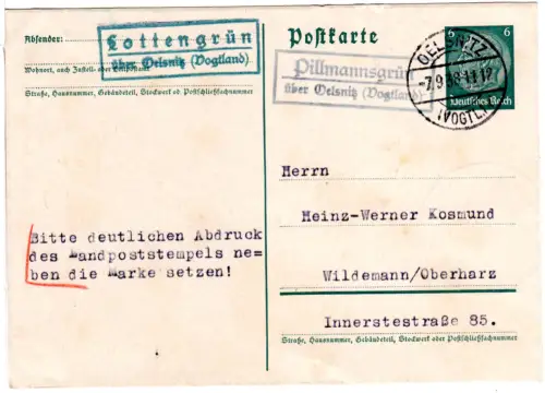 DR 1938, 2 Landpost Stpl. PILLMANNSGRÜN und LOTTENGRÜN über  auf 6 Pf. Ganzsache