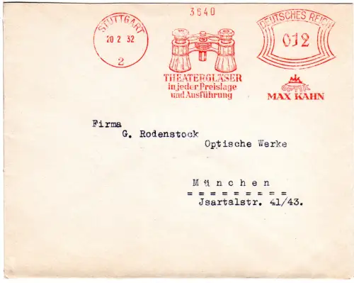 DR 1932, 12 Pf. AFSt. Theatergläser...Optik Max Klein auf Brief v. Stuttgart