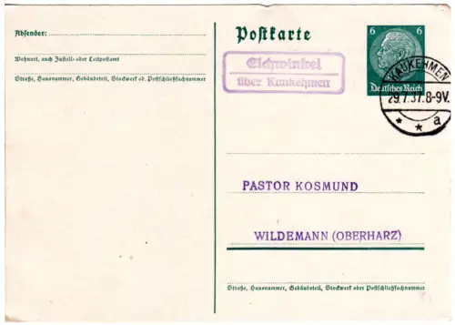 DR 1937, Landpost Stpl. EICHWINKEL über Kaukehmen auf 6 Pf. Ganzsache