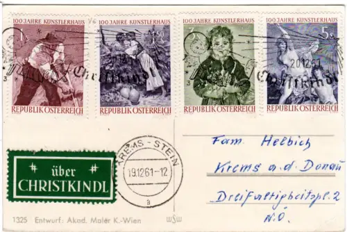 Österreich 1961, Christkindl, Karte m. 4 Marken u. Etikett Über Christkindl.