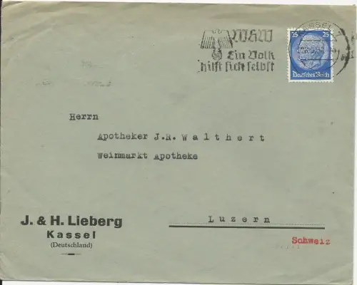 DR 1938, 25 Pf. m. perfins Firmenlochung auf Brief v. Kassel i.d. Schweiz. #1501