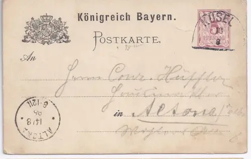 Bayern 1886, Brief Stpl. HKS Kusel, 5 Pfg. Ganzsache. #231
