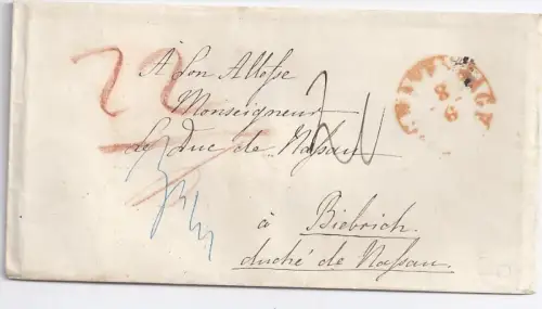 NL Taxis 1859, s´Gravenhage in rot auf Porto Brief nach Biebrich, H.-Nassau. 