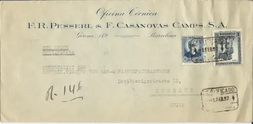 Spanien 1937, Luftpost Einschreiben Brief v. Barcelona i.d. Schweiz