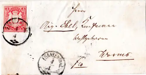 Bayern, Zier-K1 FRANKENTHAL auf Brief m. voll-/breitrandiger 3 Kr. n. Worms