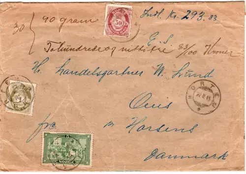 Norwegen 1915, 1+5+50 öre auf gesiegeltem Wert Brief v. HORTEN n. Dänemark