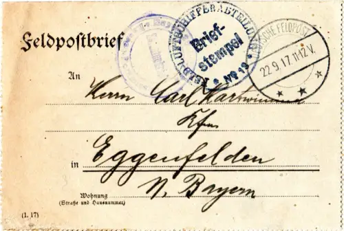 Feldpost WK I, Briefstpl. FELD-LUFTSCHIFFERABTEILUNG No.19 auf FP-Kartenbrief