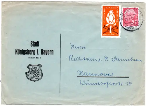 BRD 1957, 20 Pf. u. Kinderlähmumg-Vignette auf Gemeinde Brief v. Königsberg Bay.
