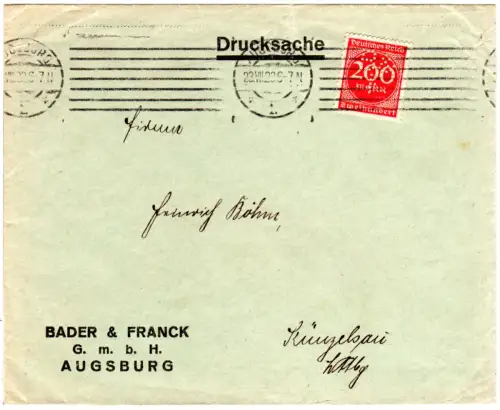 DR 1923, 200 Mk. m. perfin B & F auf Brief v. Augsburg