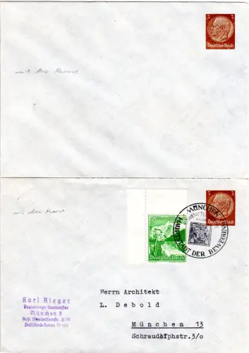 DR, zwei 3 Pf. Hindenburg Privatganzsachenumschläge, "innen Max Krause"