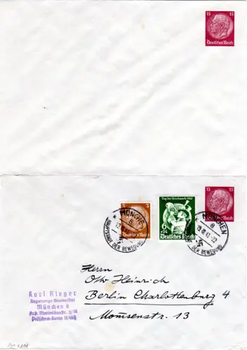 DR, 2 gebr/ungebr. 15 Pf. Hindenburg Privatganzsachenumschläge, innen Wellenkaro