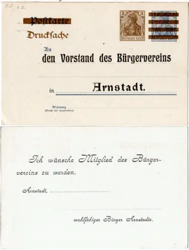 DR, ungebr. 3 neben 2 Pf. Ganzsache Vorstand des Bürgervereins Arnstadt