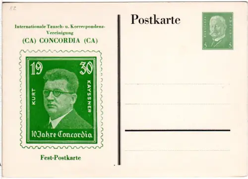 DR, ungebr. 5 Pf. 10 Jahre Concordia Fest-Postkarte m. Abb. K. Kayssner in grün