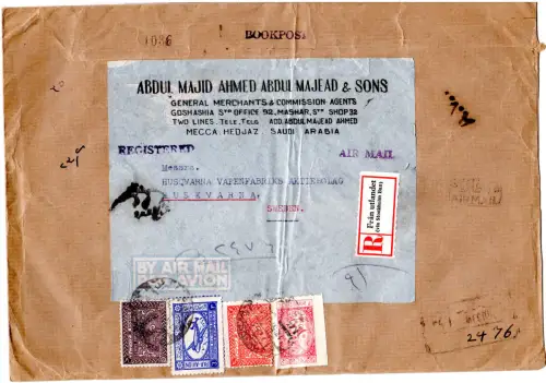 Saudi Arabia 1950, 4 stamps on registered AV2 Air Mail Bookpost letter to Sweden