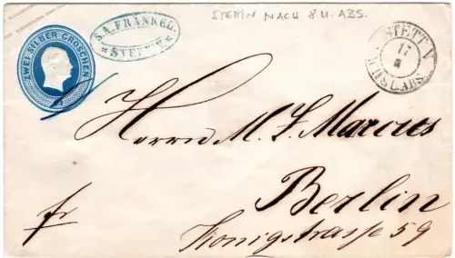 Preussen, K2 STETTIN NACH 8 U. ABS. auf 2 Sgr. Ganzsachenumschlag 