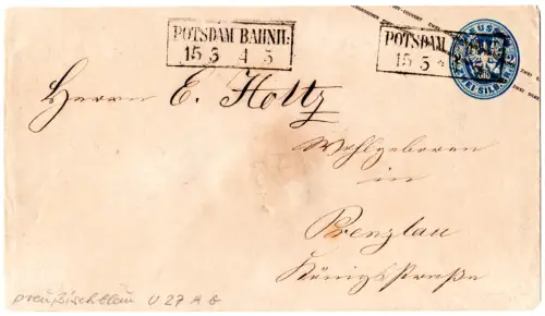 Preussen U 27 Ab, preussischblauer 2 SGr Ganzsachenumschlag m. R2 Potsdam Bahnh: