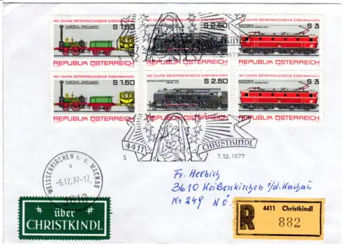 Österreich 1977, Christkindl, Einschreiben Brief m. 6 Marken u. grünem Etikett 
