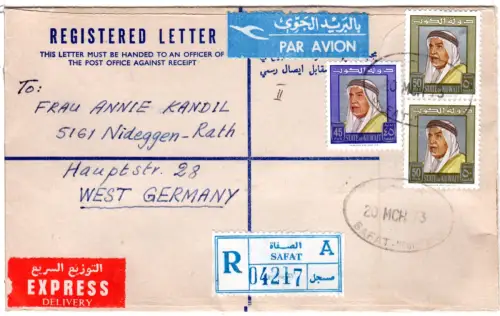 Kuwait 1973, 3 Marken auf Luftpost Einschreiben Express Brief v. SAFAT A.