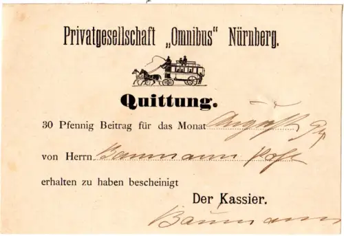 Bayern 1894, Privatgesellschaft "Omnibus" Nürnberg, Quittung m. Abb. Postkutsche