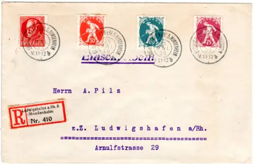 Bayern 1920, 15 Pf lebhaftkarmin auf R-Brief v. Ludwigshafen-Mundenheim. Geprüft
