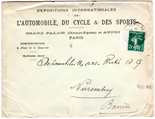 Frankreich 1908, 5 C. auf Umschlag Internat. Automobil u. Fahrrad Ausstellung 