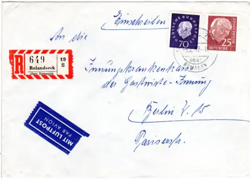 BRD 1962, 25+70 Pf Heuss auf Einschreiben Luftpost Brief v. Rolandseck n. Berlin