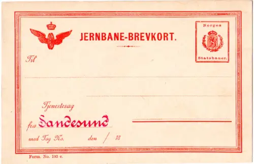 Norwegen, Jernbane-Brevkort m. Wertstempel Norges Statsbaner u. rotem Sandesund