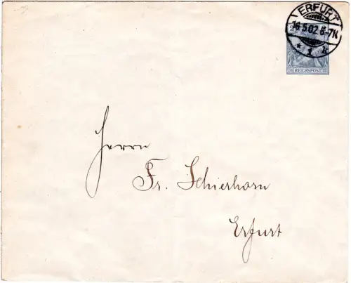 DR 1902, 2 Pf. Germania Reichspost Privatganzsache Umschlag gebr. in Erfurt