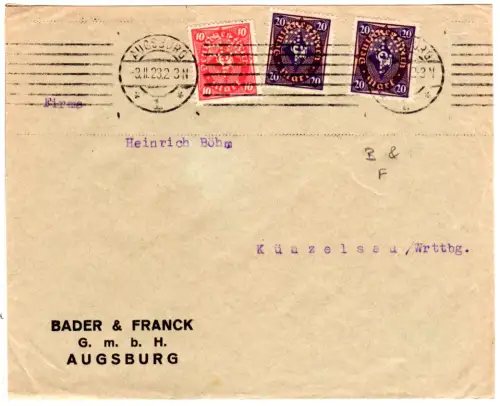 DR 1923, 10+2x20 Mk. m. perfin B & F auf Brief v. Augsburg