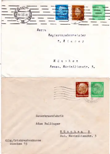 DR, 2 gebr. 5 Pf. Hindenburg Privatganzsachenumschläge m. Zusatzfrankaturen