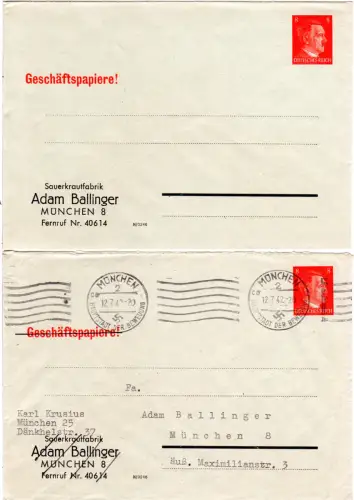 DR, 2 gebr. / ungebr. 8 Pf. Hitler Privatganzsachenumschläge Ballinger München