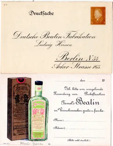 DR, ungebr. 3 Pf. Privatganzsachenkarte m. Reklame Beatin Fabrikation Berlin