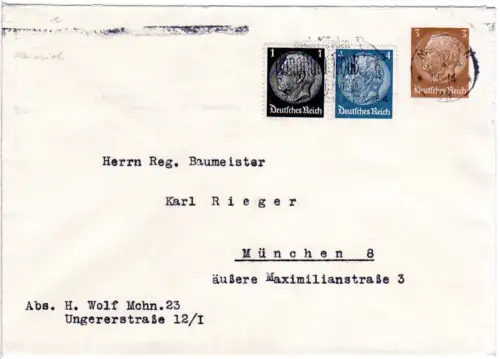 DR, m. Zusatzfr. gebr. 3 Pf. Hindenburg Privatganzsache Umschlag m. WZ Linien