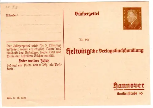 DR, ungebr. 3 Pf. Bücherzettel Privatganzsachenkarte Helwingsche Verlagsbuchhdlg
