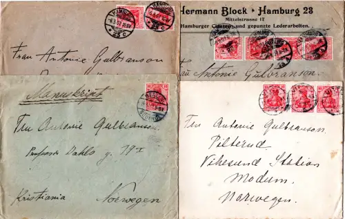 DR 1907/12, 4 jeweils portorichtige Germania Briefe n. Norwegen. 1 EF+3 MeF.