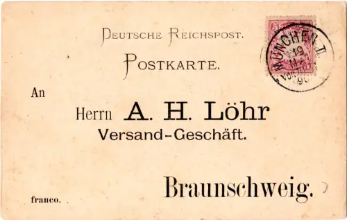 Bayern 1890, 5 Pf. violett (55 Bb) auf Dt. Reichspost Postkarte v. München II