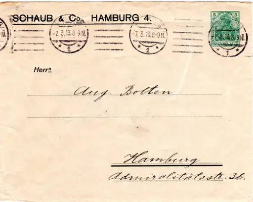 DR 1913, gebr. 5 Pf. Privatganzsache Brief Schaub & Co. Hamburg 