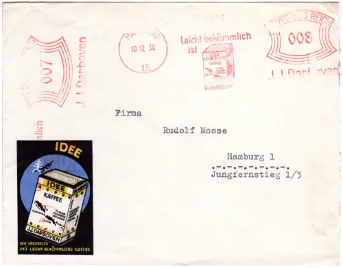 DR 1930, 7+8 Pf., 2 J.J. DARBOVEN Kaffee AFS m. Abb. auf Orts-Brief v. Hamburg
