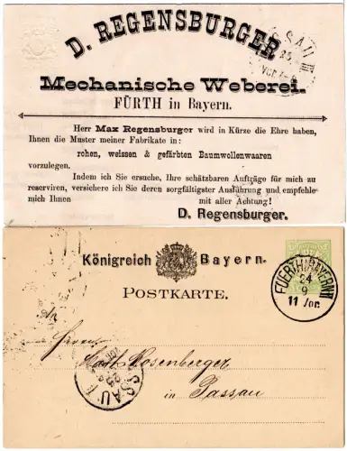 Bayern, gebr. 3 Pf Ganzsache m. rs. Zudruck  D. Regensburger Mech. Weberei Fürth