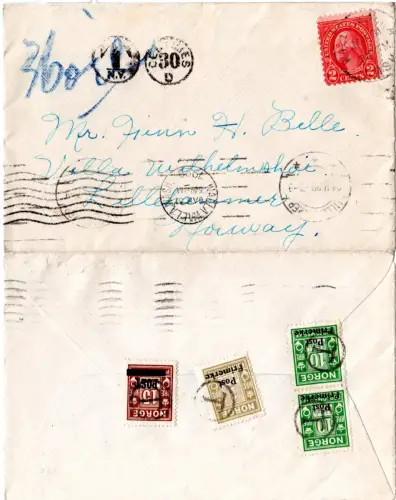USA 1919, 2 C. auf Brief v. Walla Walla m. rs. 4 Norwegen Portomarken