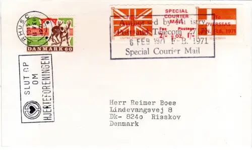 GB 1971, Special Courier post strike cover with Denmark 60 öre from Arhus