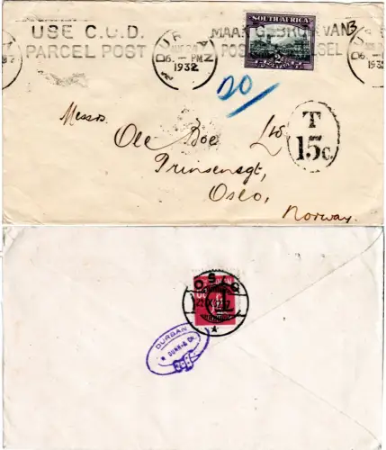 Südafrika 1932, 2d auf Brief v. Durban n. Oslo m. rs. 20 öre Norwegen Portomarke