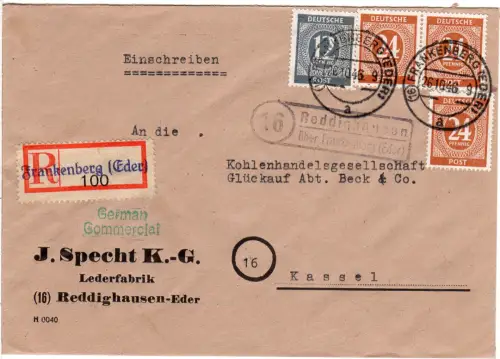 1946, Landpoststempel 16 REDDIGHAUSEN über Frankenberg auf Einschreiben Brief.
