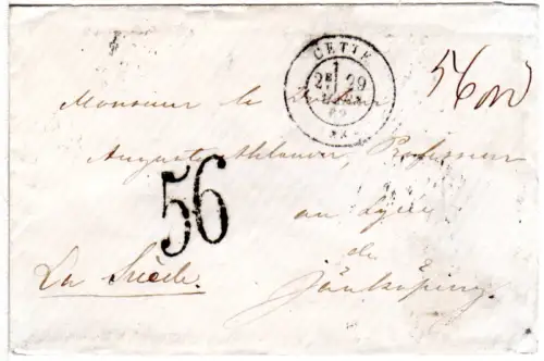 Frankreich 1869, Brief v. Cette m. Portostempel "56" (öre) n. Jönköping Schweden