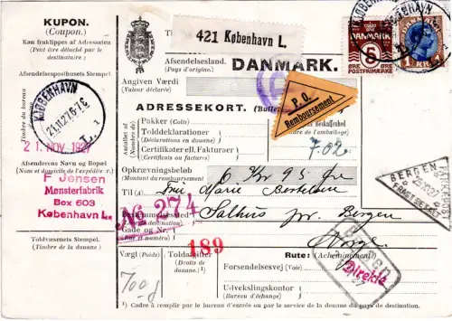 Dänemark 1927, 5 öre+1 Kr. auf Nachnahme Paketkarte v. Kopenhagen n. Norwegen