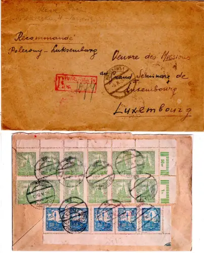 Polen 1925, Massenfr. 5x3+12x5 Gr. rs. auf Reko-Brief v. Warschau n. Luxemburg