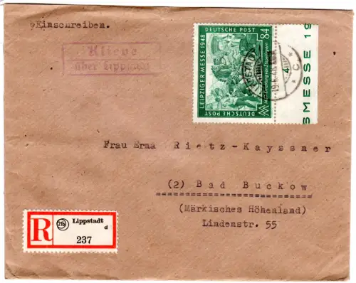 1948, Landpoststempel KLIEVE über Lippstadt auf Einschreiben Brief m. 84 Pf. 